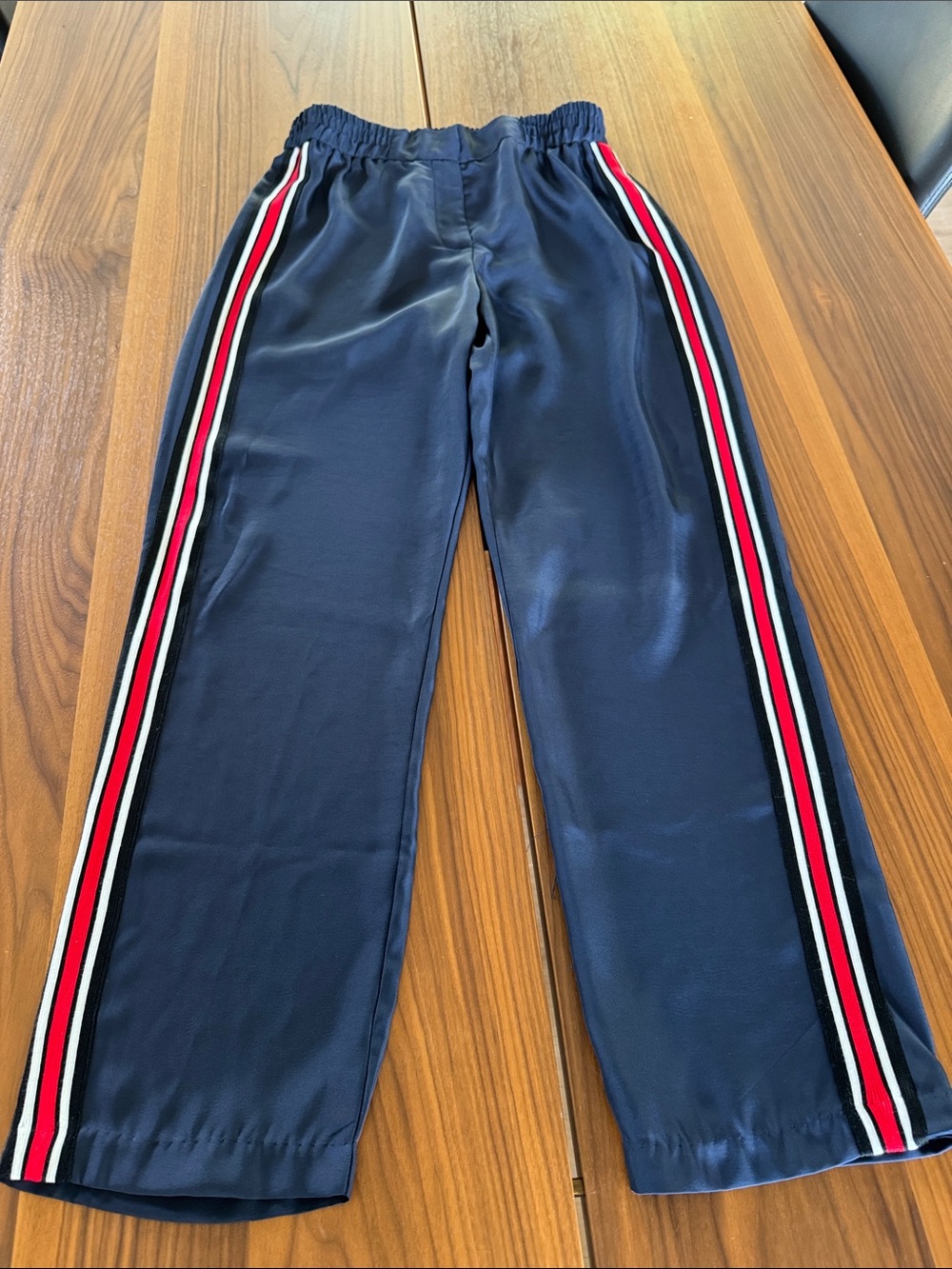Anthropologie Navy Dressy Track Pants elastic waist with side stripes Small NWOT